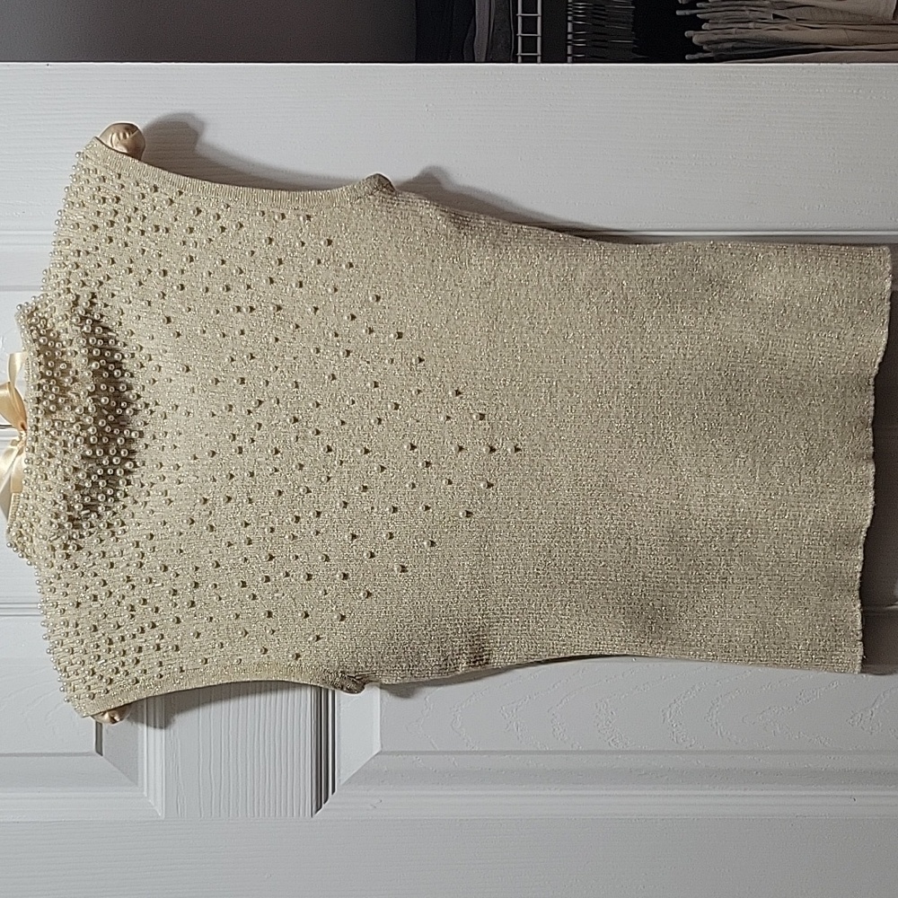 Vintage Caché Beaded Gold Metallic Mock Neck Sweater Vest | Size Medium